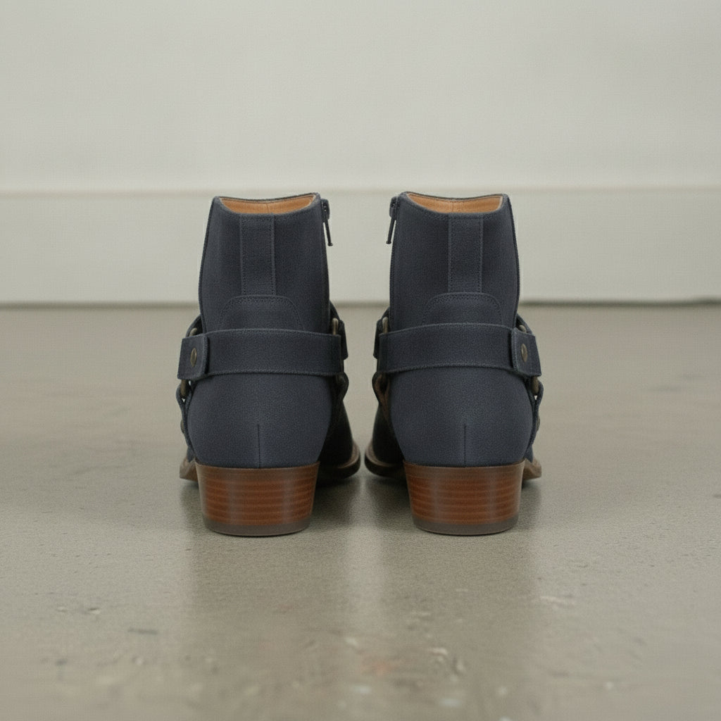 Men's Navy Blue Plain-Toe Suede Harness Boots — Dalton