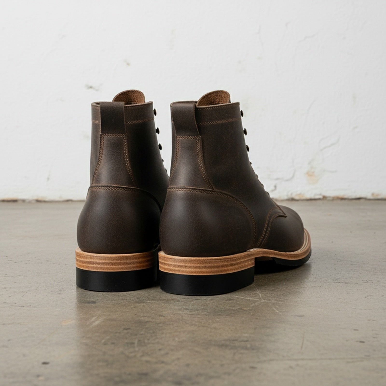 back-view - Men's Combat Boots, Dark Brown Leather Boots, Goodyear Welt Combat Boots