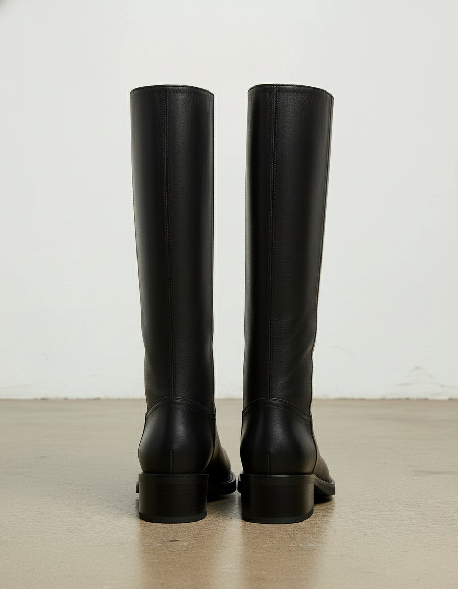back-view - Women's Handmade Black Knee-High Riding Leather Boots