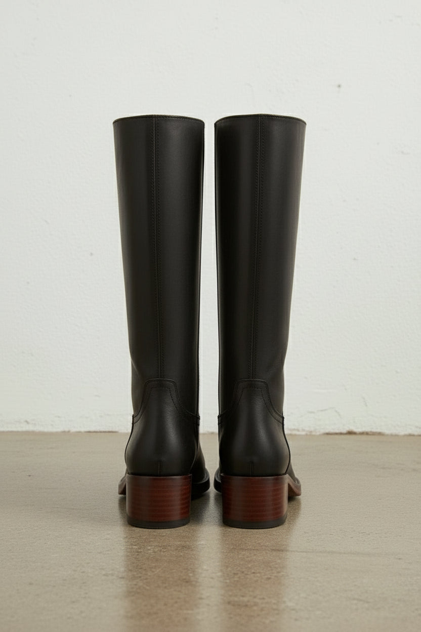 back-view - Women's Handmade Black Knee-High Riding Leather Boots
