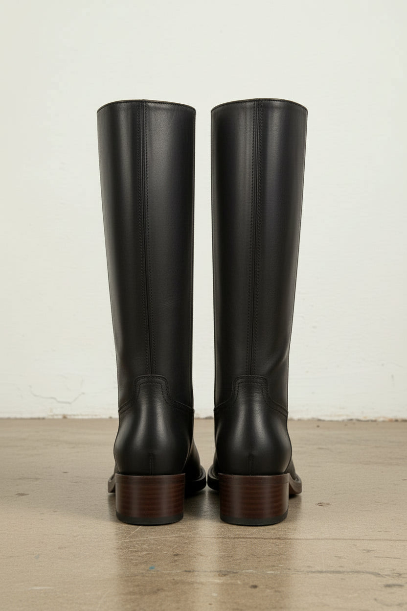 back-view - Women's Handmade Black Leather Knee-High Riding Boots