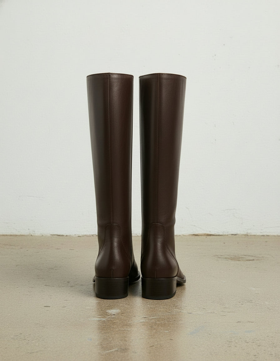 Women's Dark Brown Plain-Toe Leather Knee-High Boots