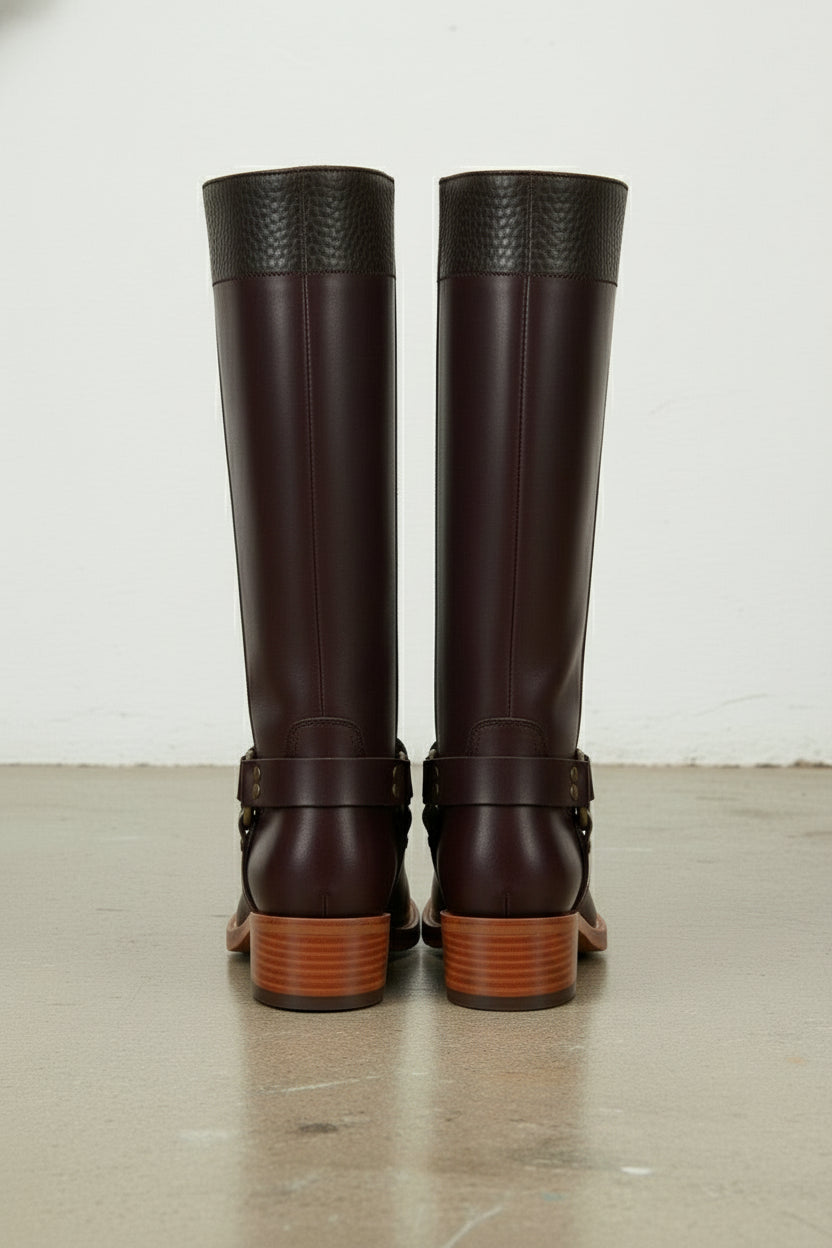 back-view - Women's Handmade Burgundy Knee-High Leather Riding Boots