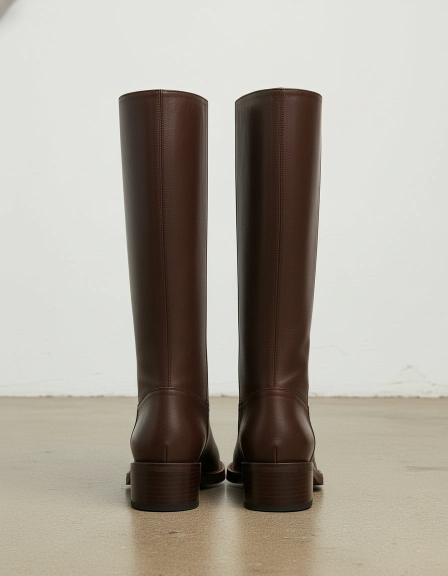 back-view - Women's Handmade Chocolate Knee-High Leather Chelsea Boots