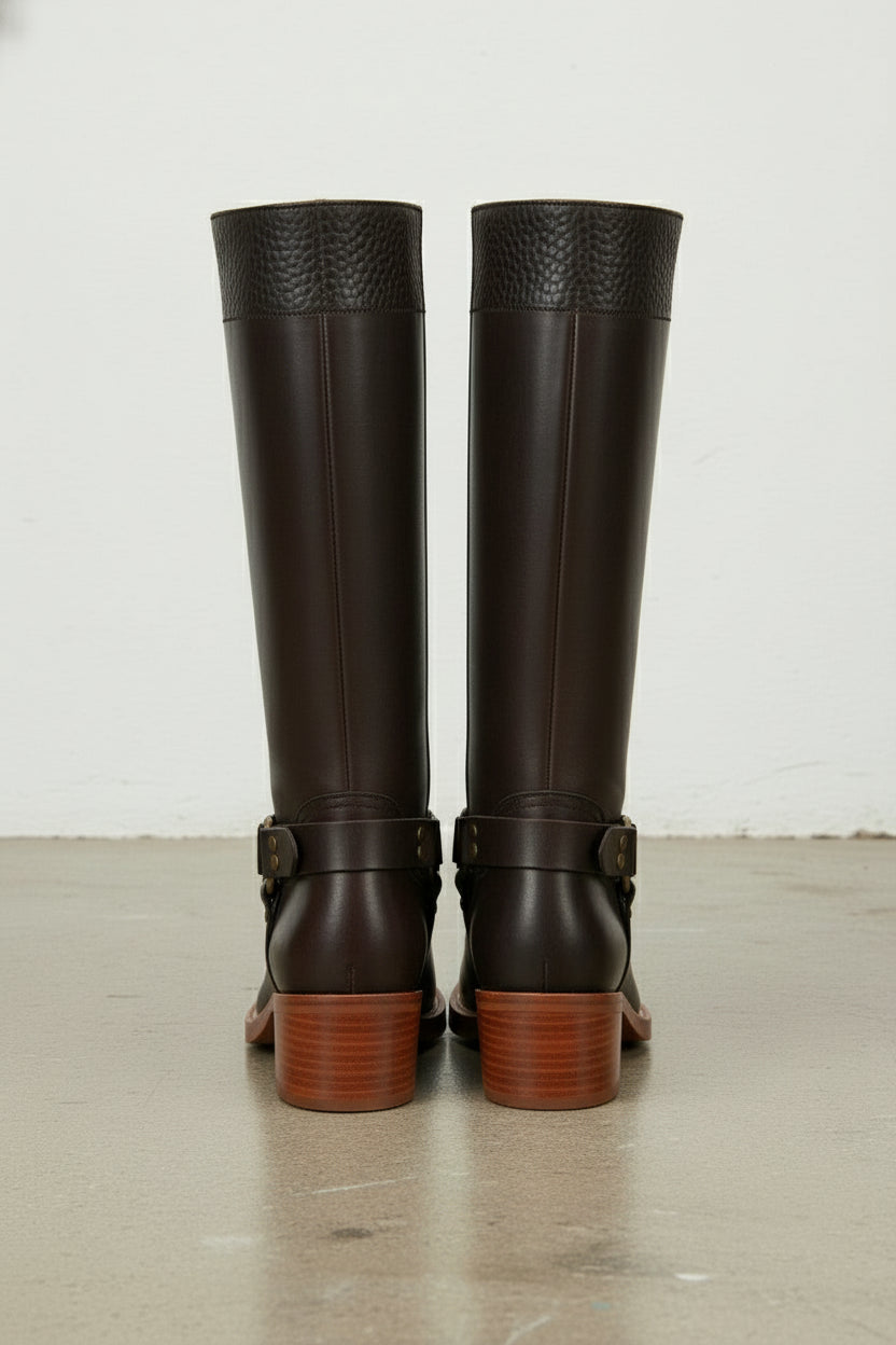 back-view - Women's Handmade Chocolate Knee-High Riding Leather Boots