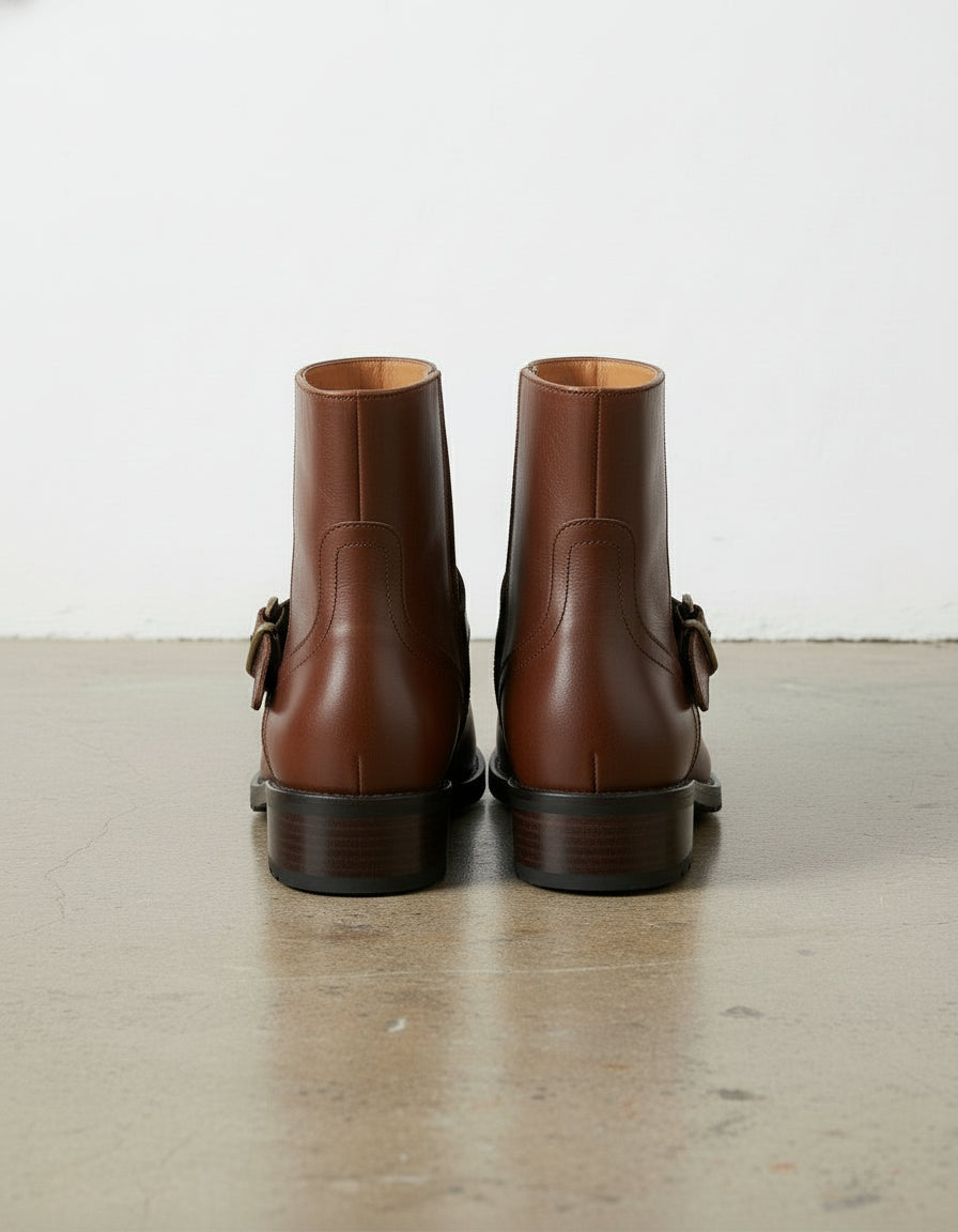 back-view - Women's Handmade Cognac Brown Leather Ankle Boots, The Artisan Moto / Harness Boot