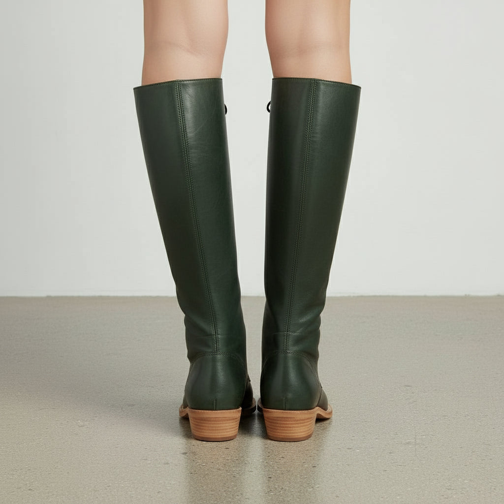 back-view - Women's Handmade Dark Green Knee-High Lace-Up Boots, Leather Laced Boot