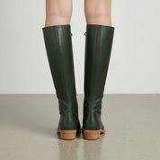 back-view - Women's Handmade Dark Green Knee-High Lace-Up Boots, Leather Laced Boot