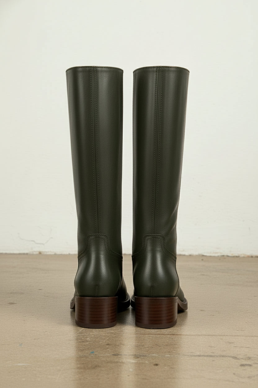 back-view - Women's Handmade Dark Green Knee-High Leather Riding Boots