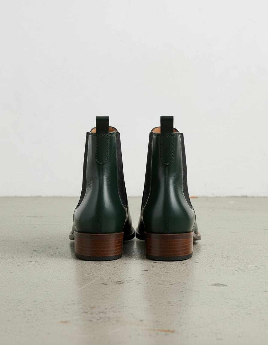 back-view - Women's Handmade Dark Green Leather Chelsea Boots