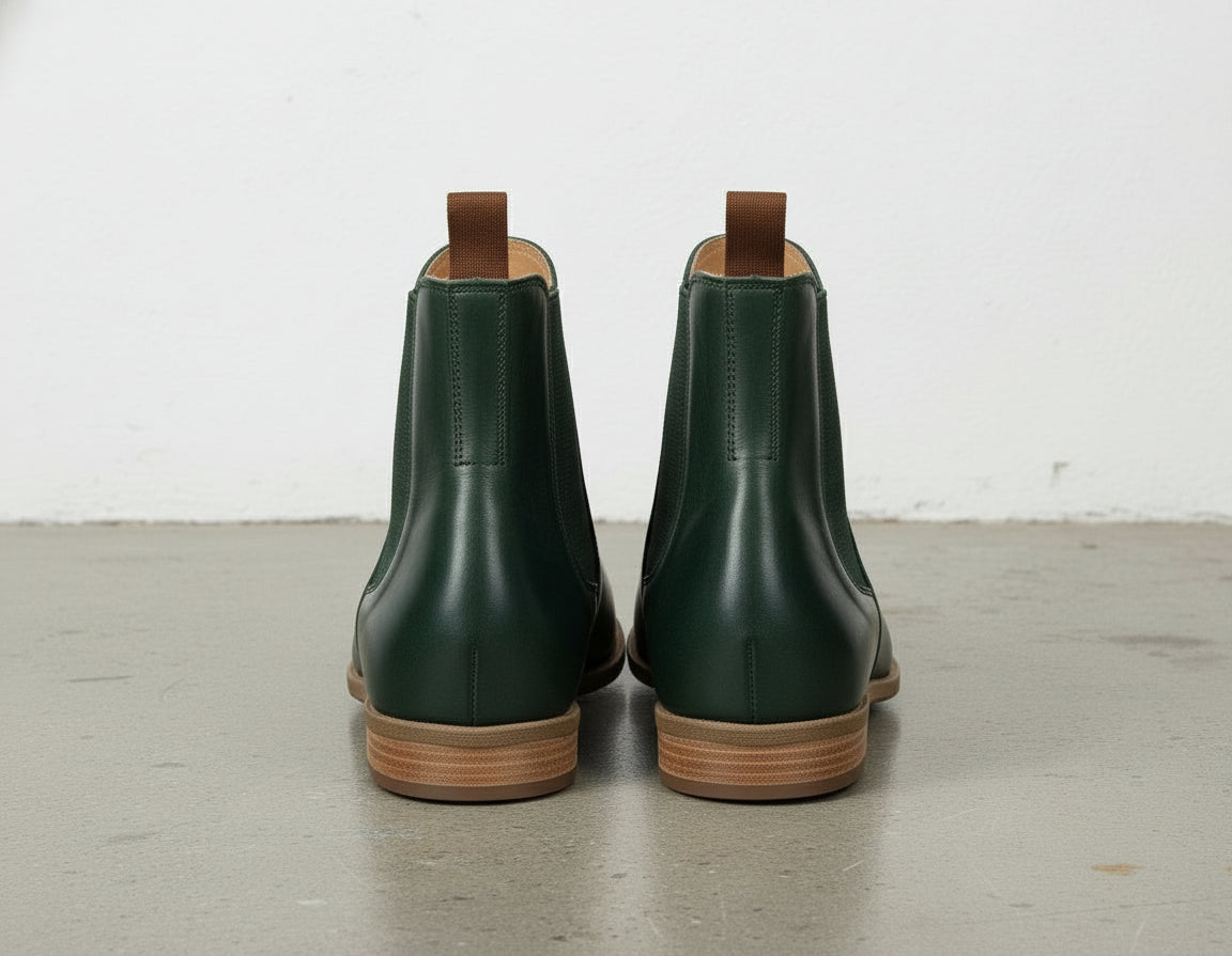 back-view - Women's Handmade Dark Green Leather Chelsea Boots