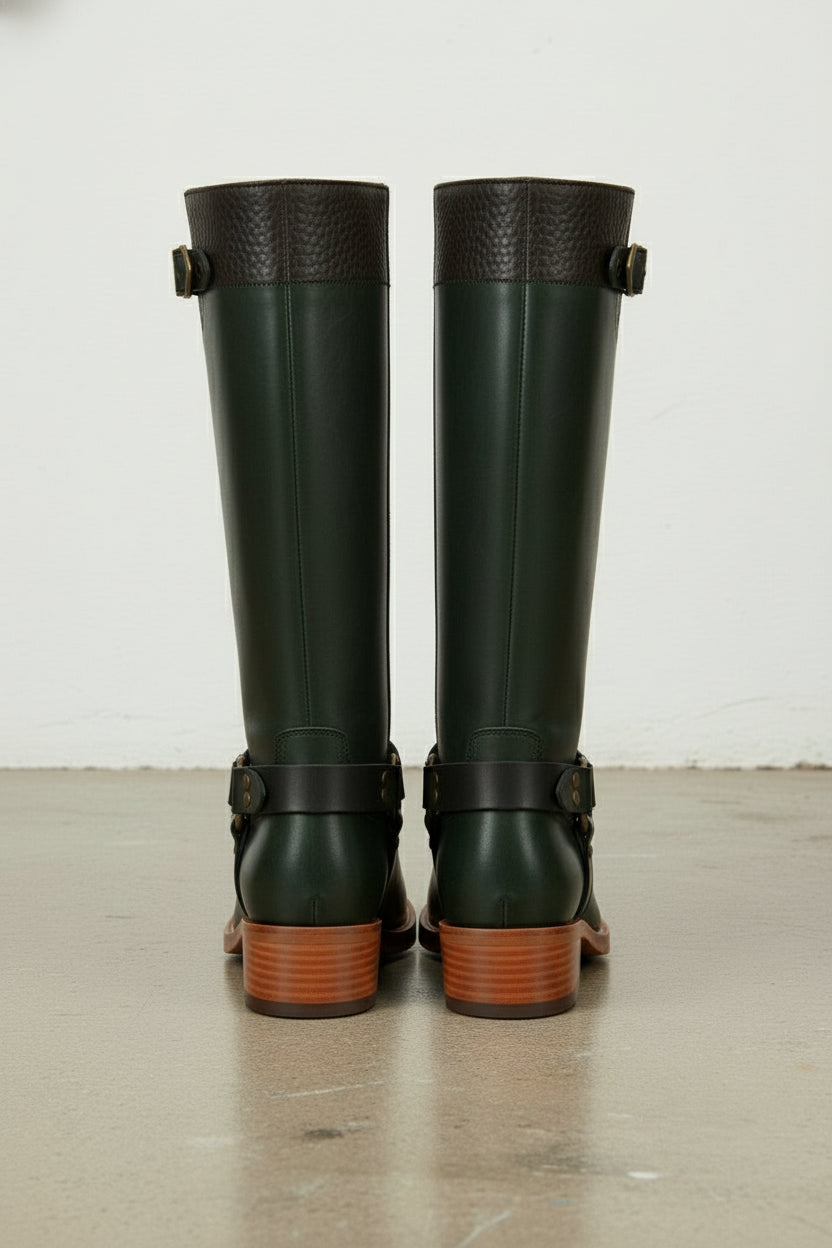 back-view - Women's Handmade Dark Green Leather Classic Riding Boots