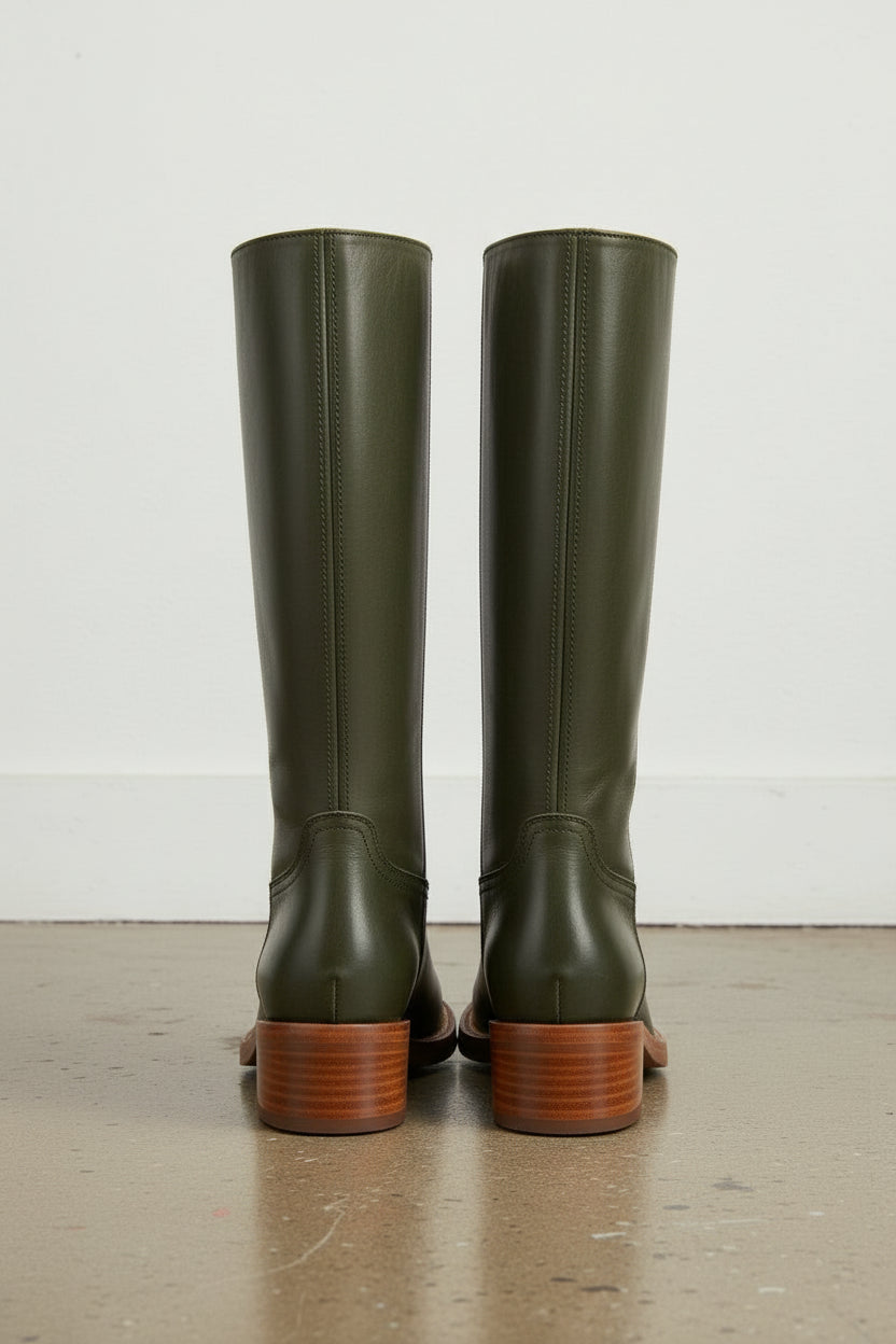 back-view - Women's Handmade Dark Green Leather Classic Riding Boots