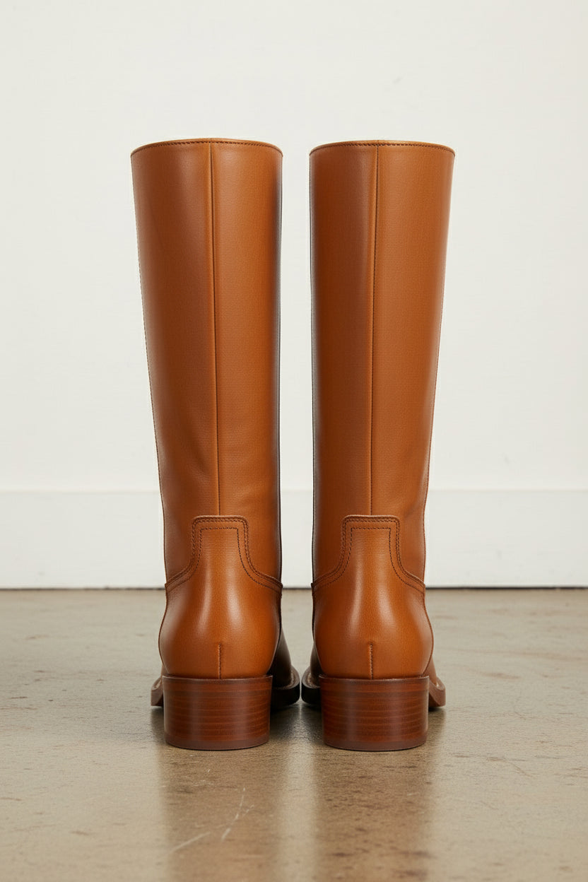 back-view - Women's Handmade Leather Knee-High Boots, Buttery Soft Calfskin Boots, Round Toe Leather Boots