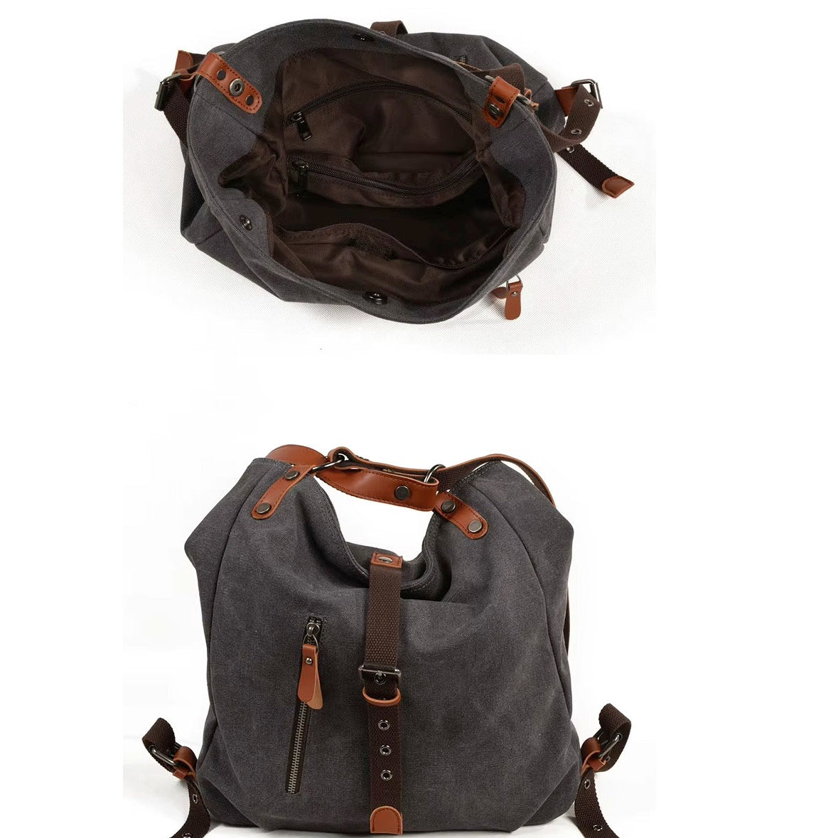 Women's Dark Grey and Brown Canvas Hobo Bag