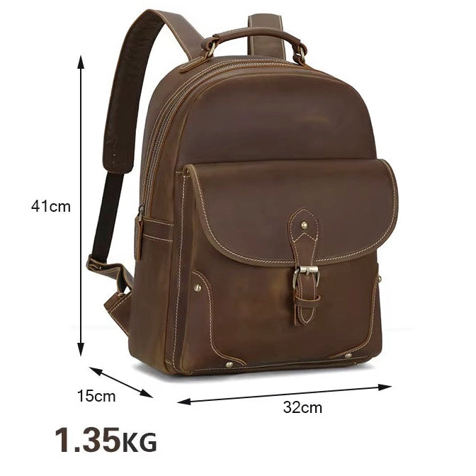 Handmade Zipper Full-Grain Leather Men's Laptop Backpack
