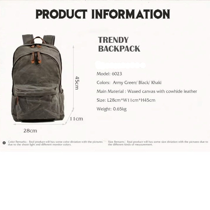 Handmade Waxed Canvas Backpack for Men, Waterproof Outdoor Camping Bag