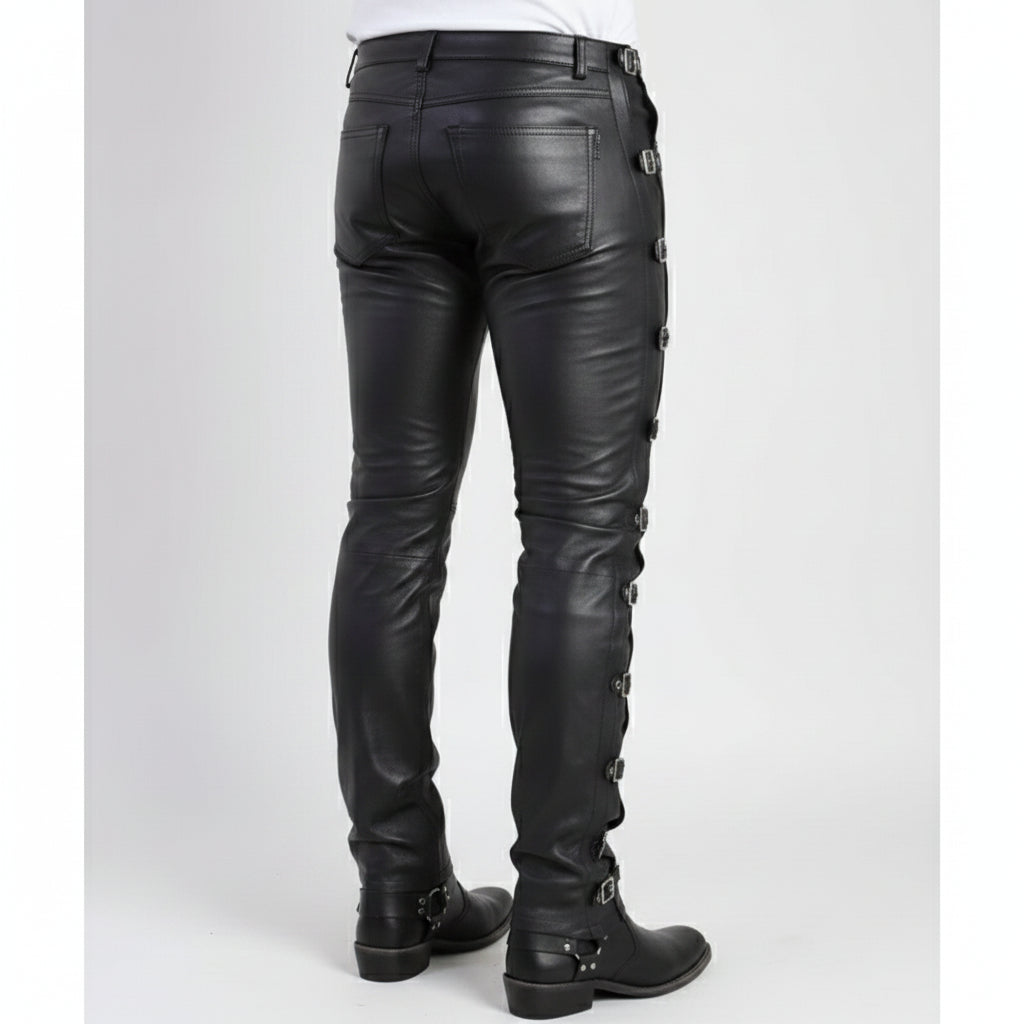 Men's Slim Fit Buckle Leather Pants for Casual and Party Wear
