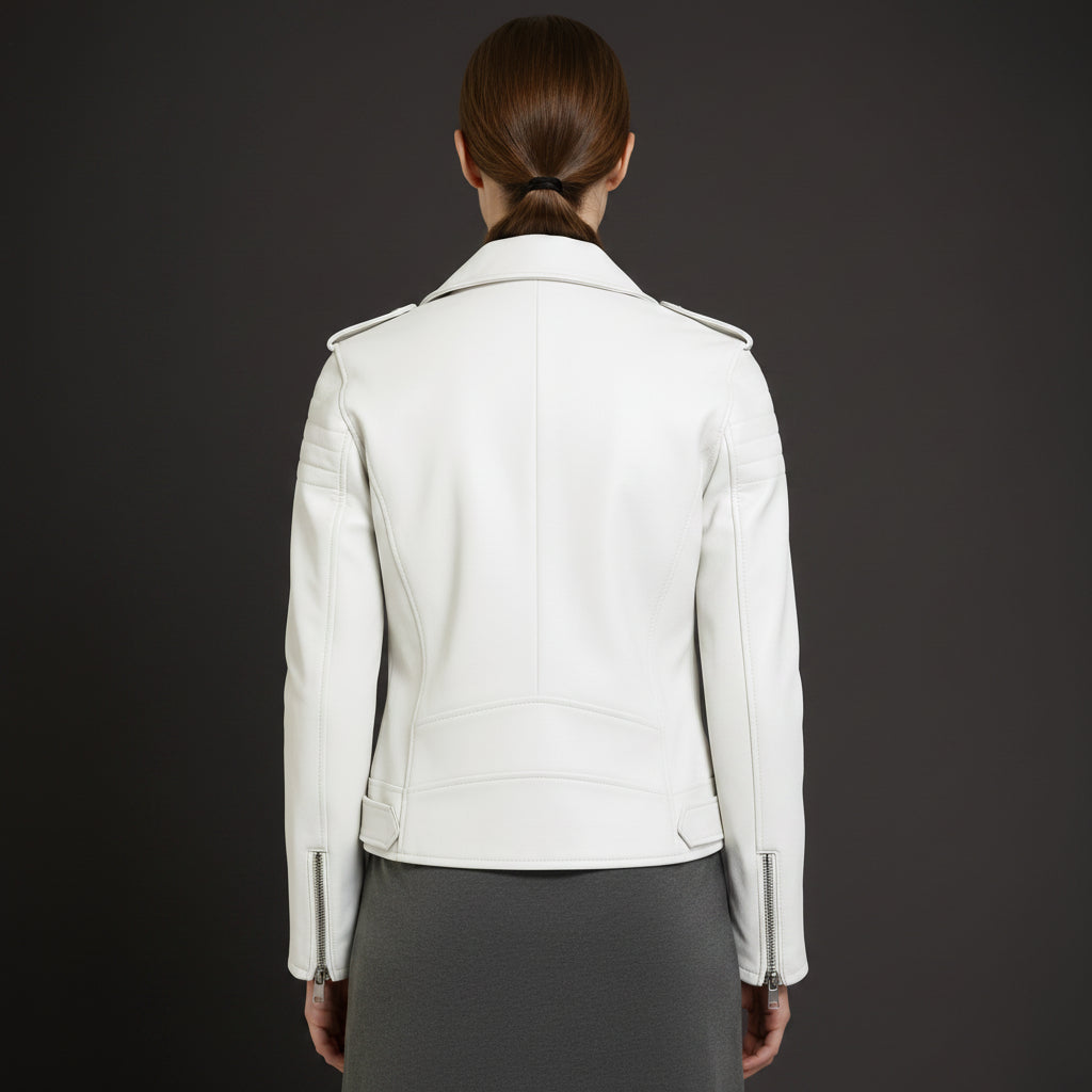 Women's White Biker Lambskin Leather Jacket