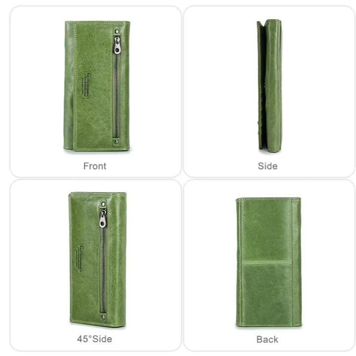 Long Bifold Leather Phone Wallet with Zippered Coin Pocket
