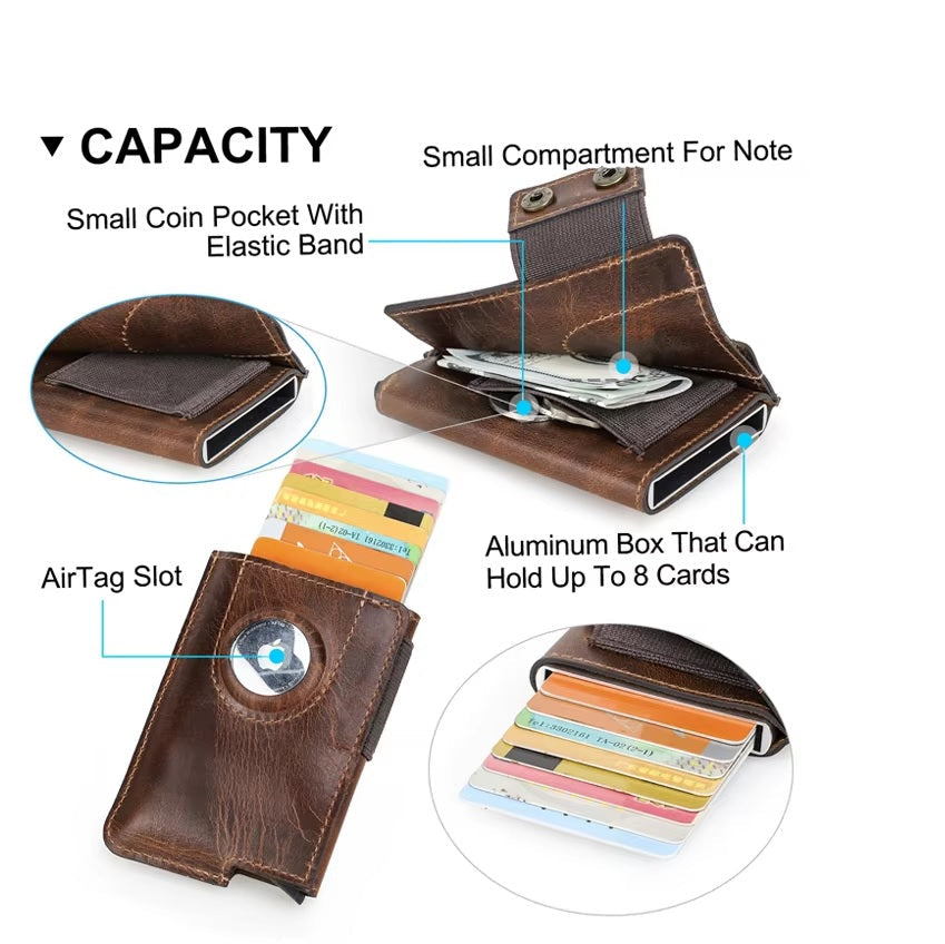 Men’s Genuine Leather Pop-Up Wallet - RFID Card Holder with Aluminum Box & Coin Pocket