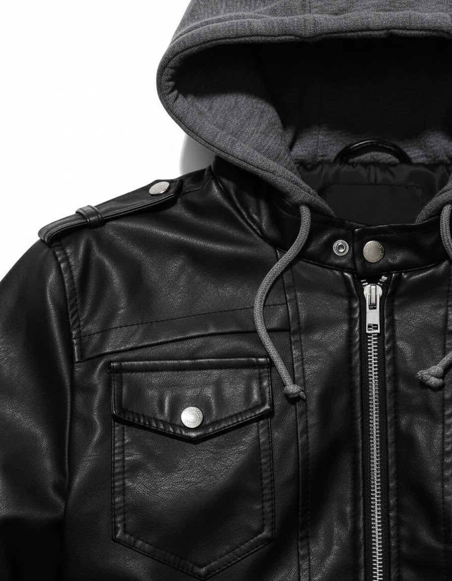 Handmade Men Black Leather Fashion Jacket with Hoodie, Bomber Style Hooded Jacket