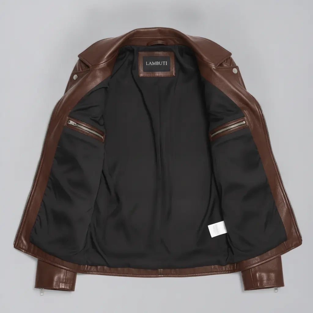 Women's Brown Belted Leather Biker Jacket — Gillard