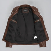 Women's Brown Belted Leather Biker Jacket — Gillard