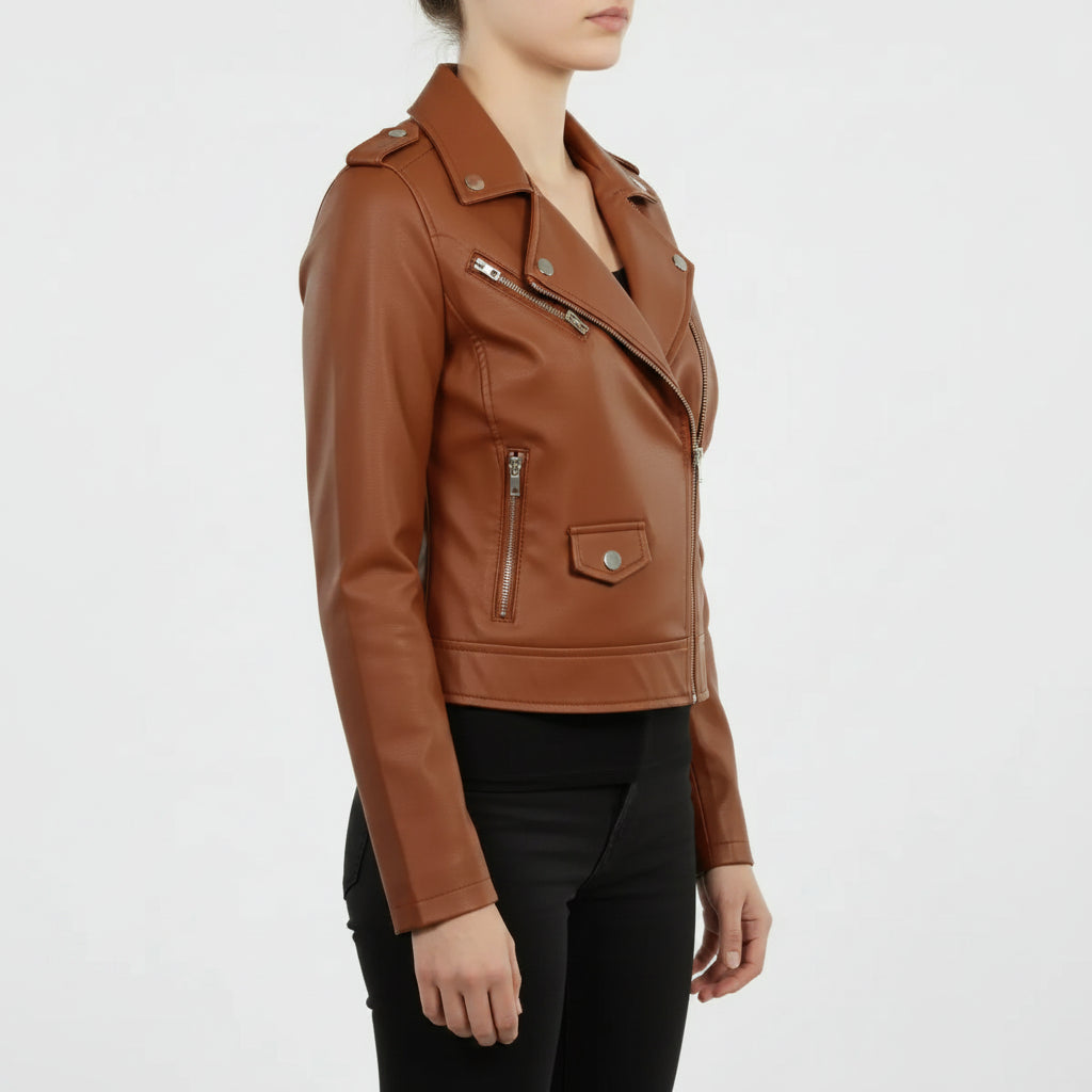 Women’s Brown Leather Biker Jacket, Handmade Moto Style