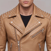 Men's Tan Studded Leather Biker Jacket — Acwood