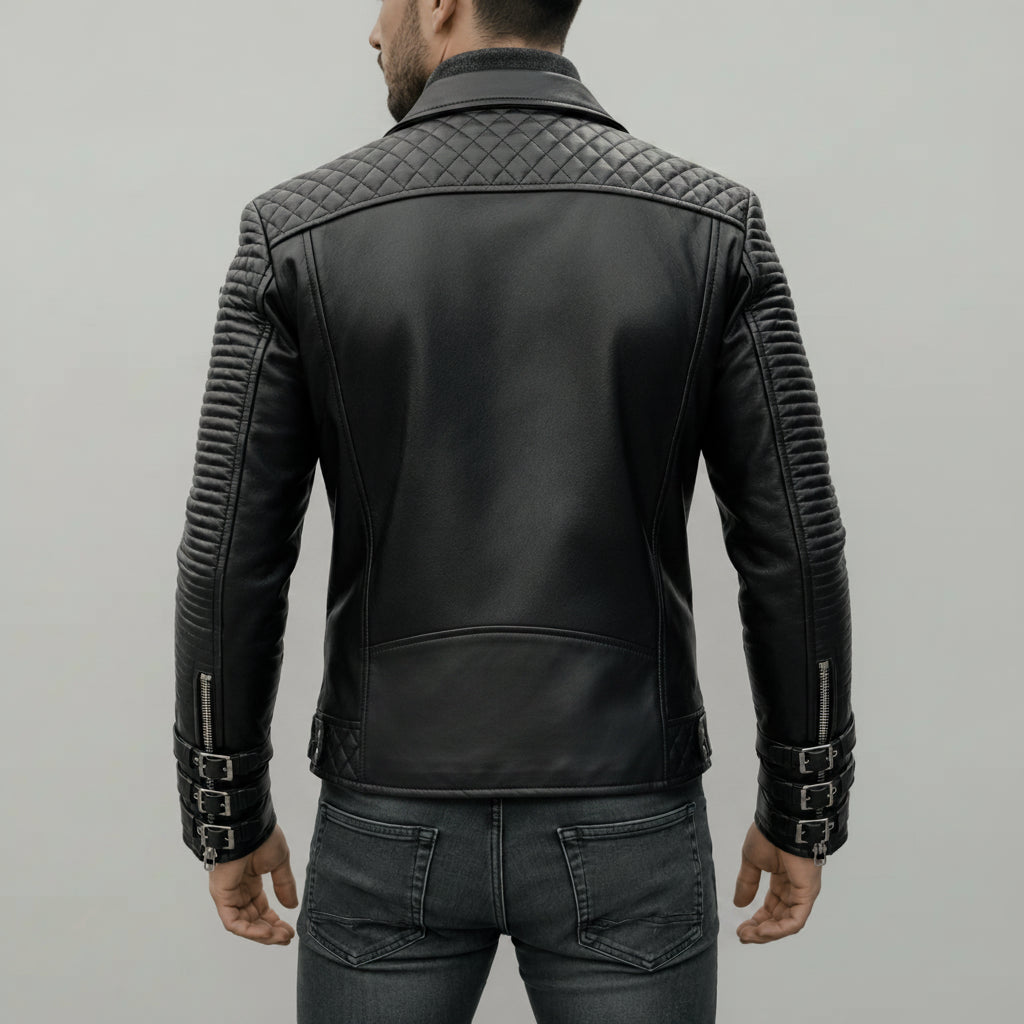Handmade Men's Black Biker Leather Jacket, Genuine Leather Motorcycle Jacket