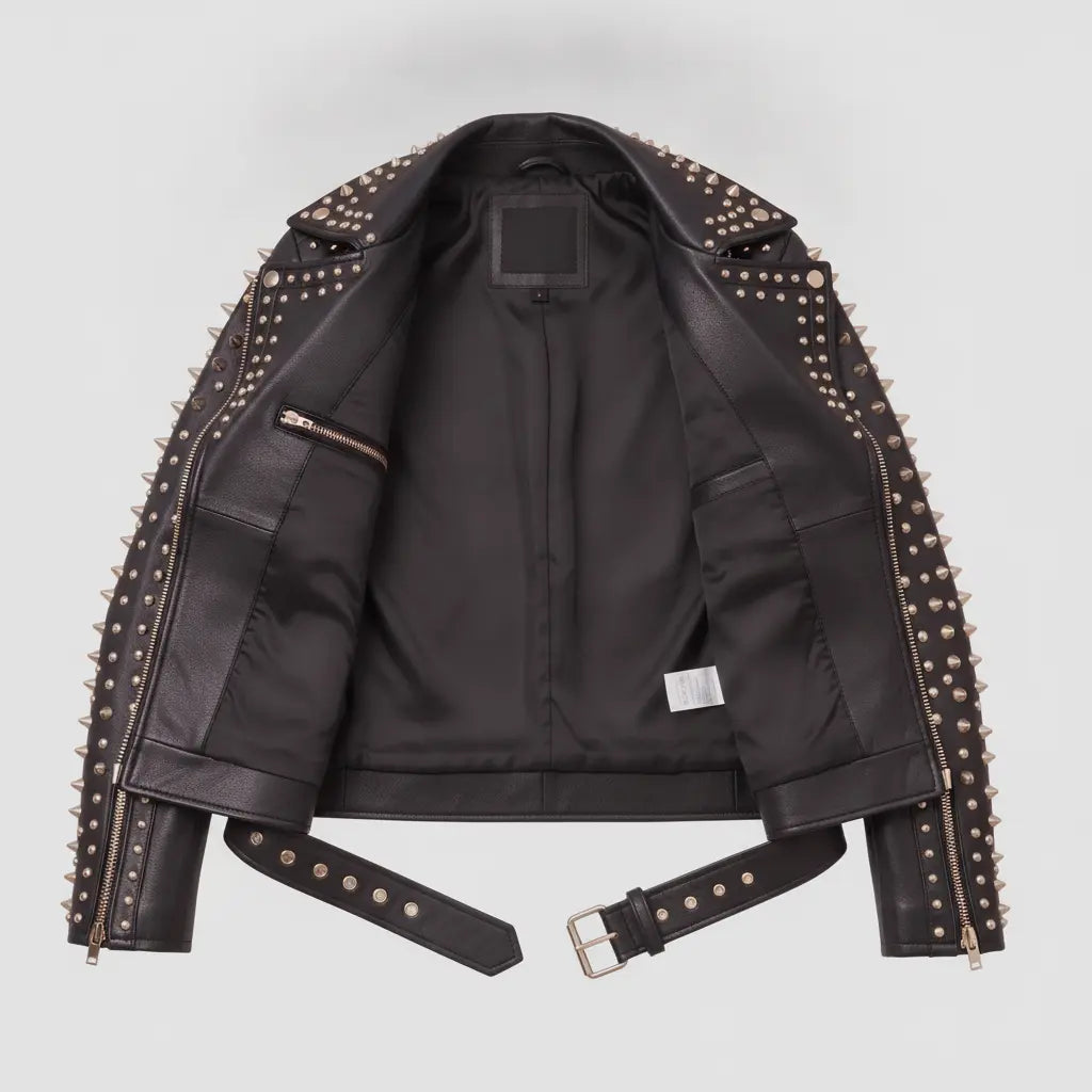 Women's Black Studded Leather Biker Jacket — Acreley