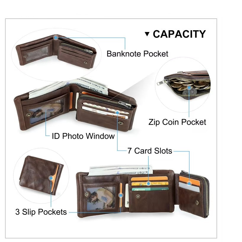 Men’s RFID Blocking Leather Wallet, Card Holder with Zipper Coin Purse