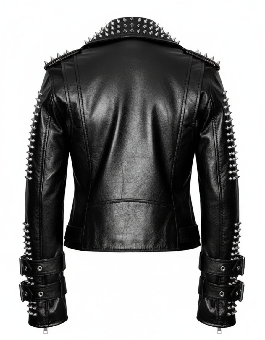 Punk Handmade Women Black Silver Spiked Studded Leather Biker Jacket