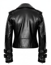 Punk Handmade Women Black Silver Spiked Studded Leather Biker Jacket