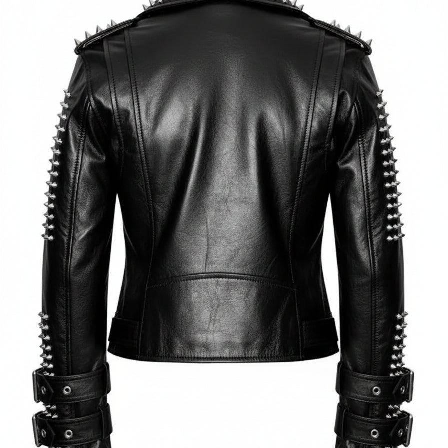 Punk Handmade Women Black Silver Spiked Studded Leather Biker Jacket