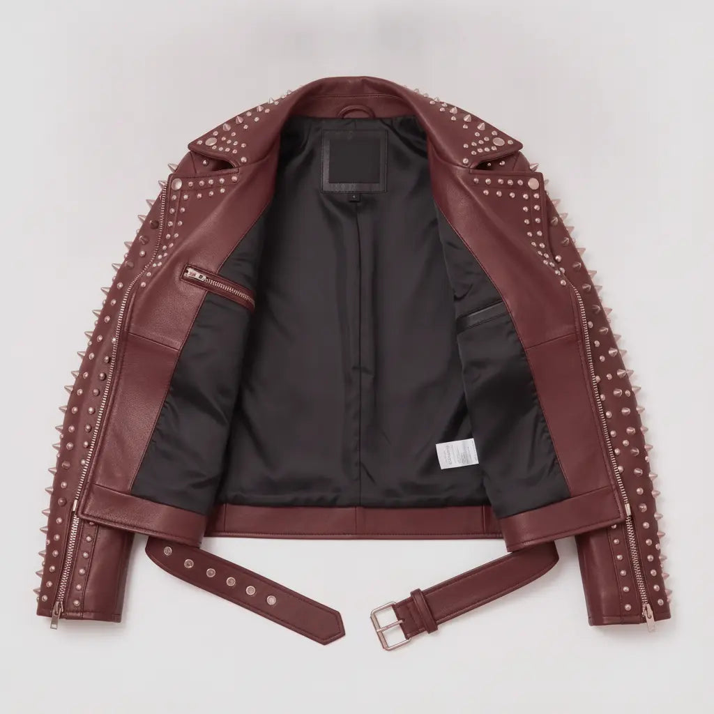 Women's Burgundy Studded Leather Biker Jacket — Acreley