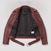 Women's Burgundy Studded Leather Biker Jacket — Acreley