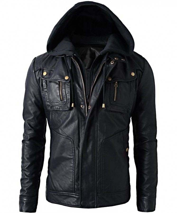 Biker Motorcycle Winter Hooded Leather Jacket, Men Hooded Jacket
