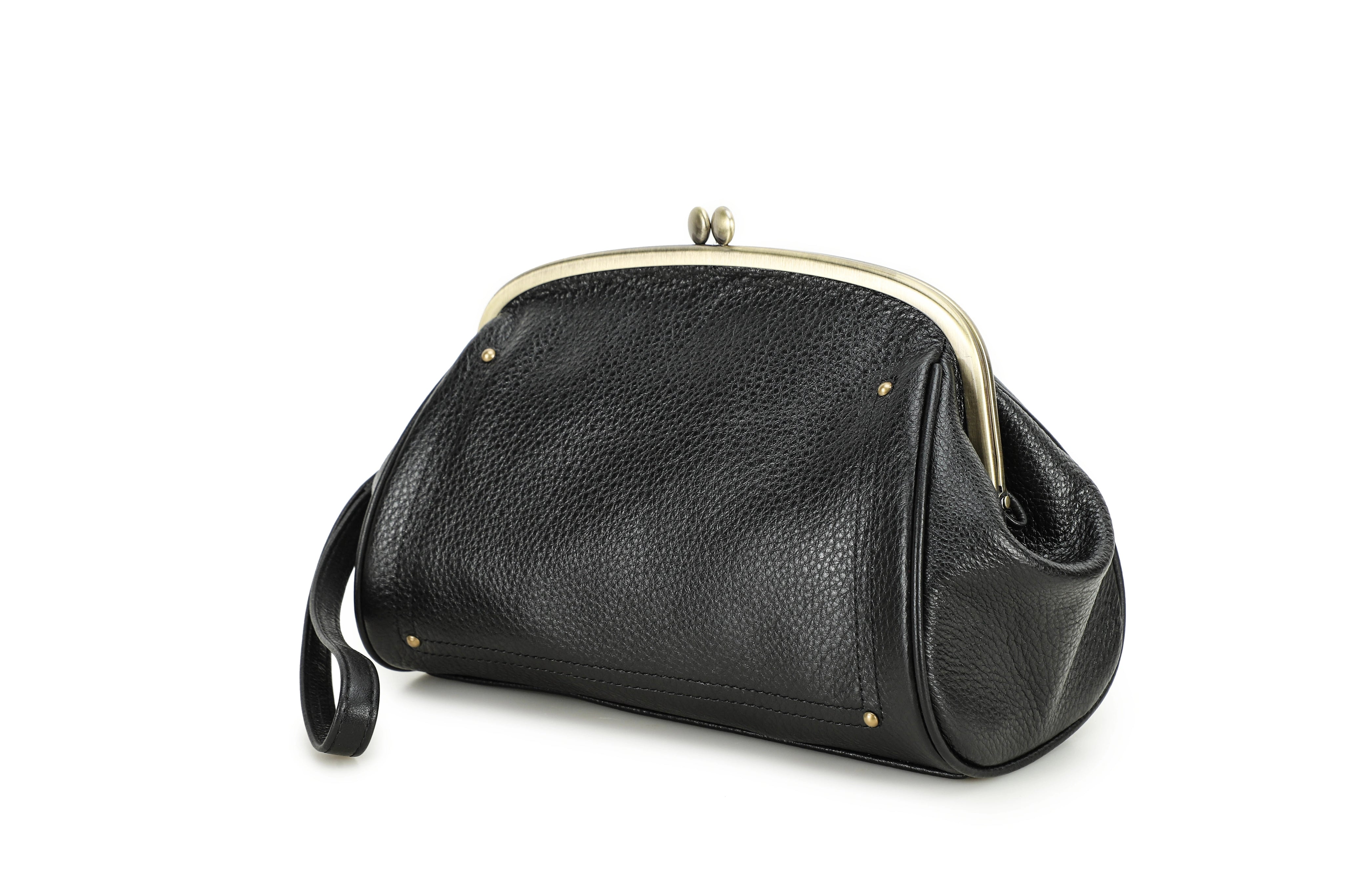 Women's Full Grain Leather Metal Frame Wristlet Bag