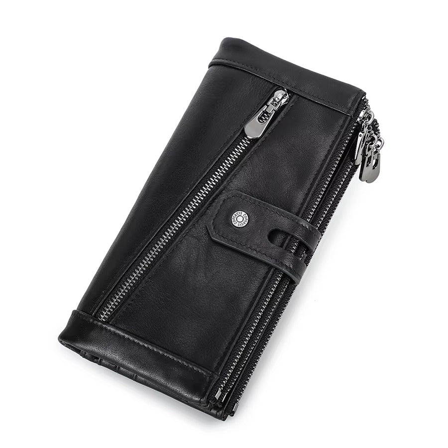 RFID Blocking Long Wallet, Unisex Leather Triple Zipper Organizer