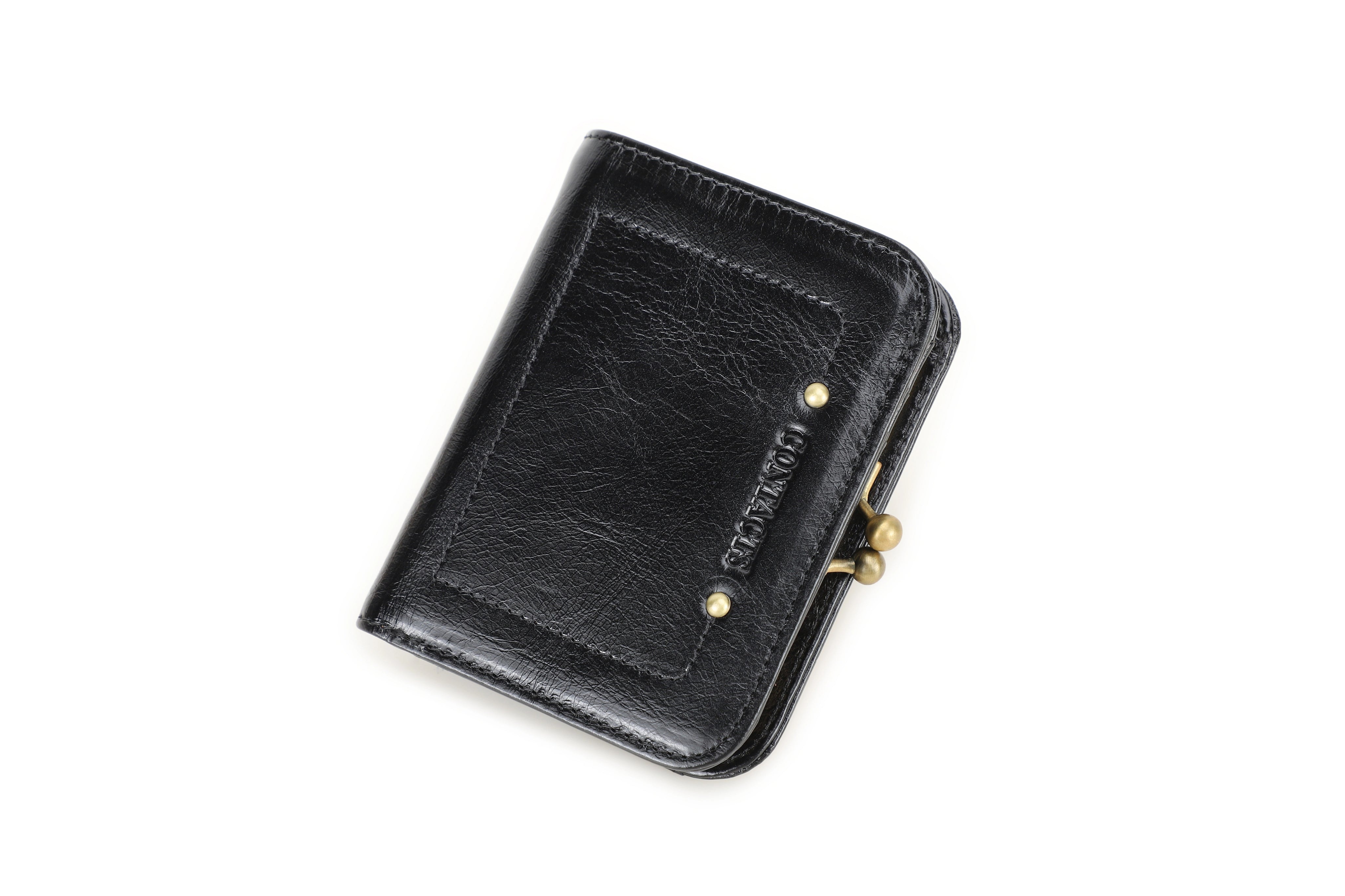 Women Leather Bifold Clutch Wallet with Metal Frame