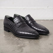 Black Alligator-Embossed Leather Penny Loafers — Kingsley
