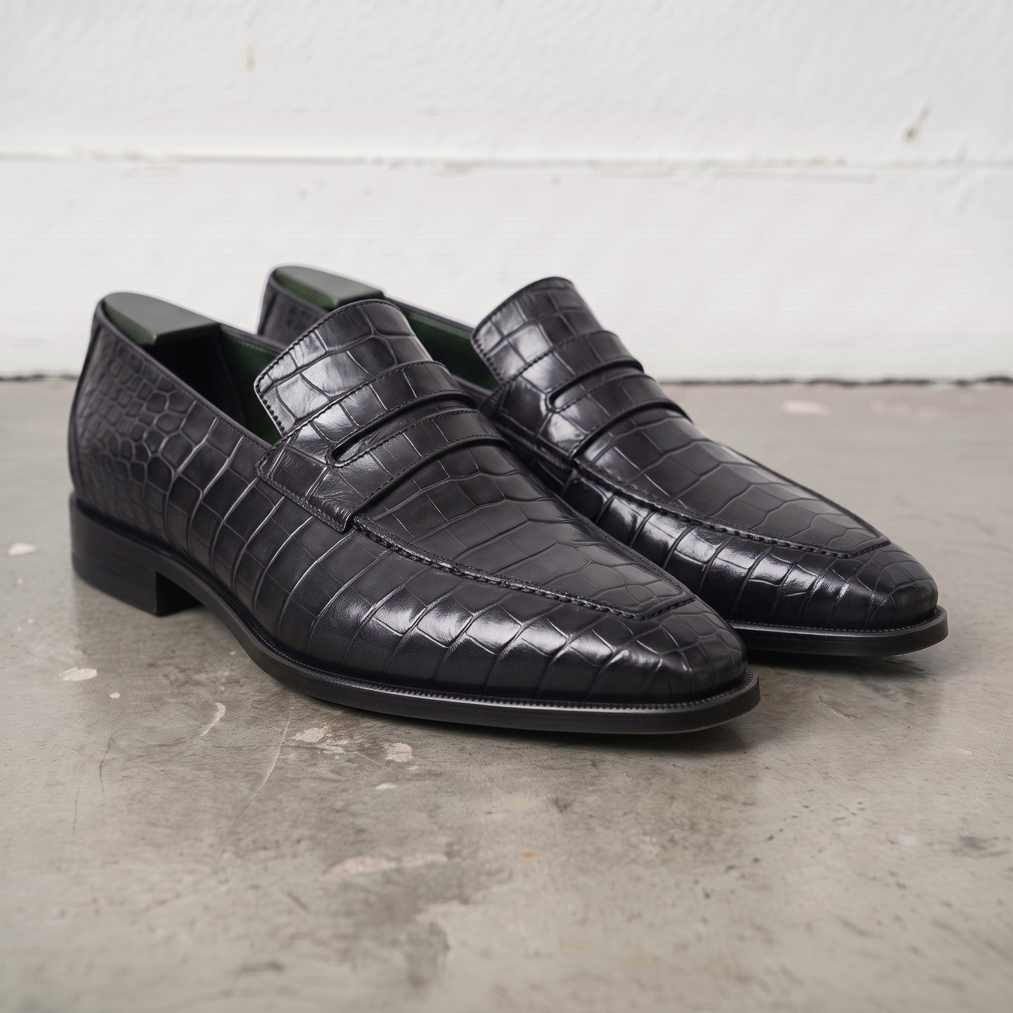 Black Alligator-Embossed Leather Penny Loafers — Kingsley