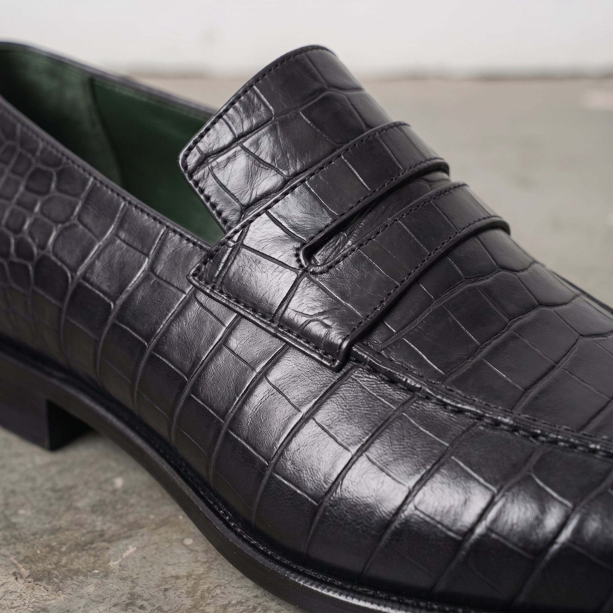 Black Alligator-Embossed Leather Penny Loafers — Kingsley
