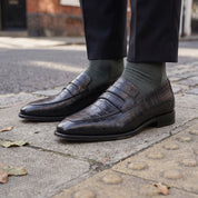 Black Alligator-Embossed Leather Penny Loafers — Kingsley