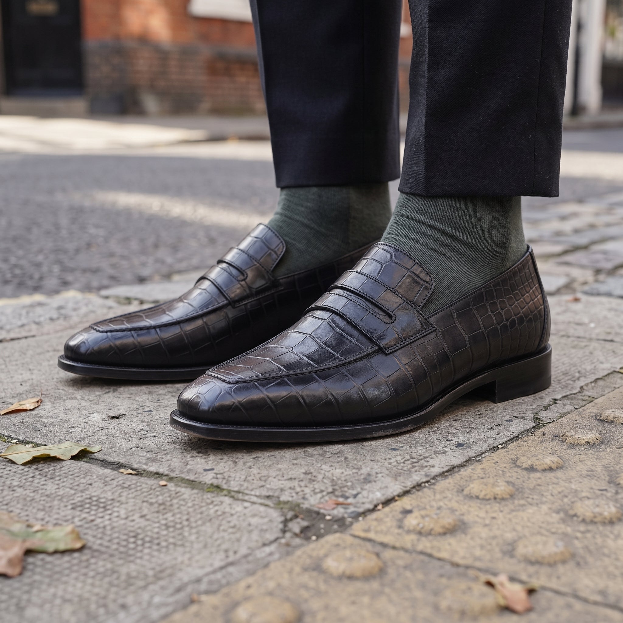 Black Alligator-Embossed Leather Penny Loafers — Kingsley
