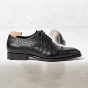 Black Crocodile-Embossed Leather Cap-Toe Derbies — Ayleson