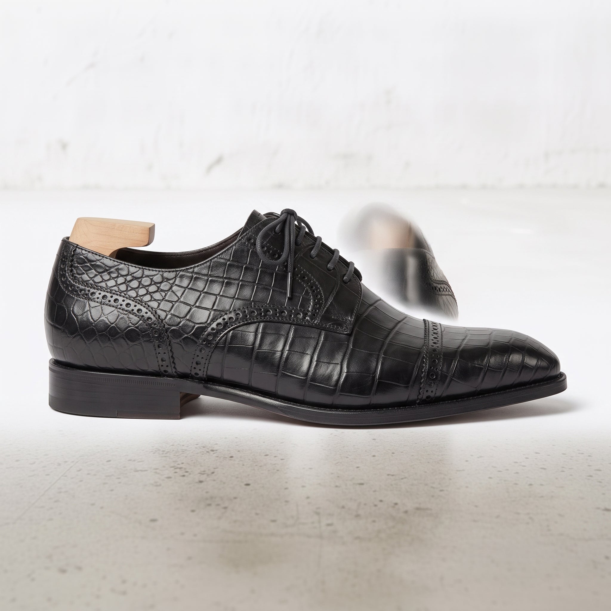 Black Crocodile-Embossed Leather Cap-Toe Derbies — Ayleson