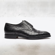 Black Crocodile-Embossed Leather Cap-Toe Derbies — Ayleson